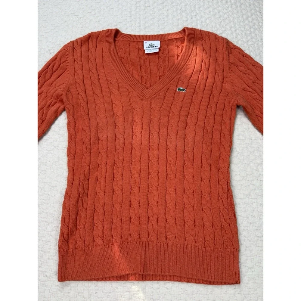 LACOSTE V-Neck Cable Knit Sweater Long Sleeve Preppy Croc | Orange | EU 38 US XS